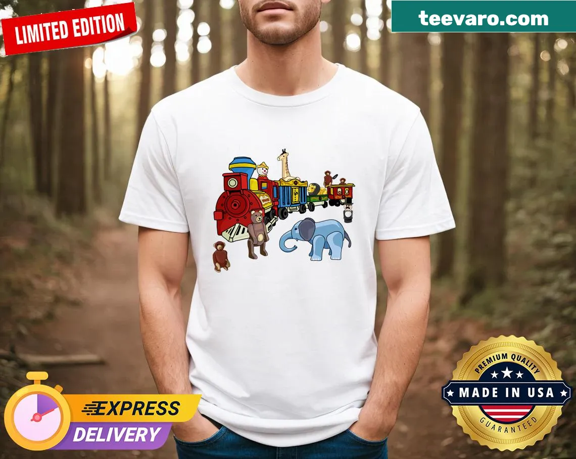 Fisher Price Little People circus train graphic t-shirt — on a men's t-shirt