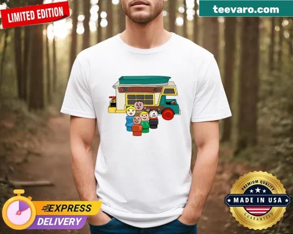 Illustration of Fisher Price Little People camping scene on a t-shirt
