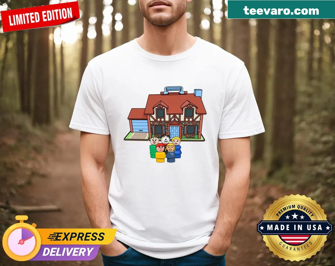 Illustration of Fisher Price family with Tudor house on a t-shirt — on a men's t-shirt