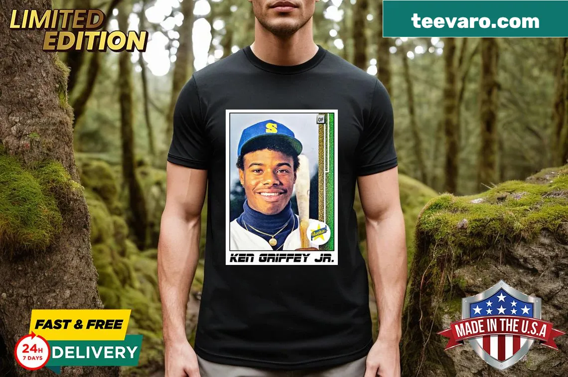 Comfortable t-shirt featuring Ken Griffey Jr rookie card design — on a men's t-shirt