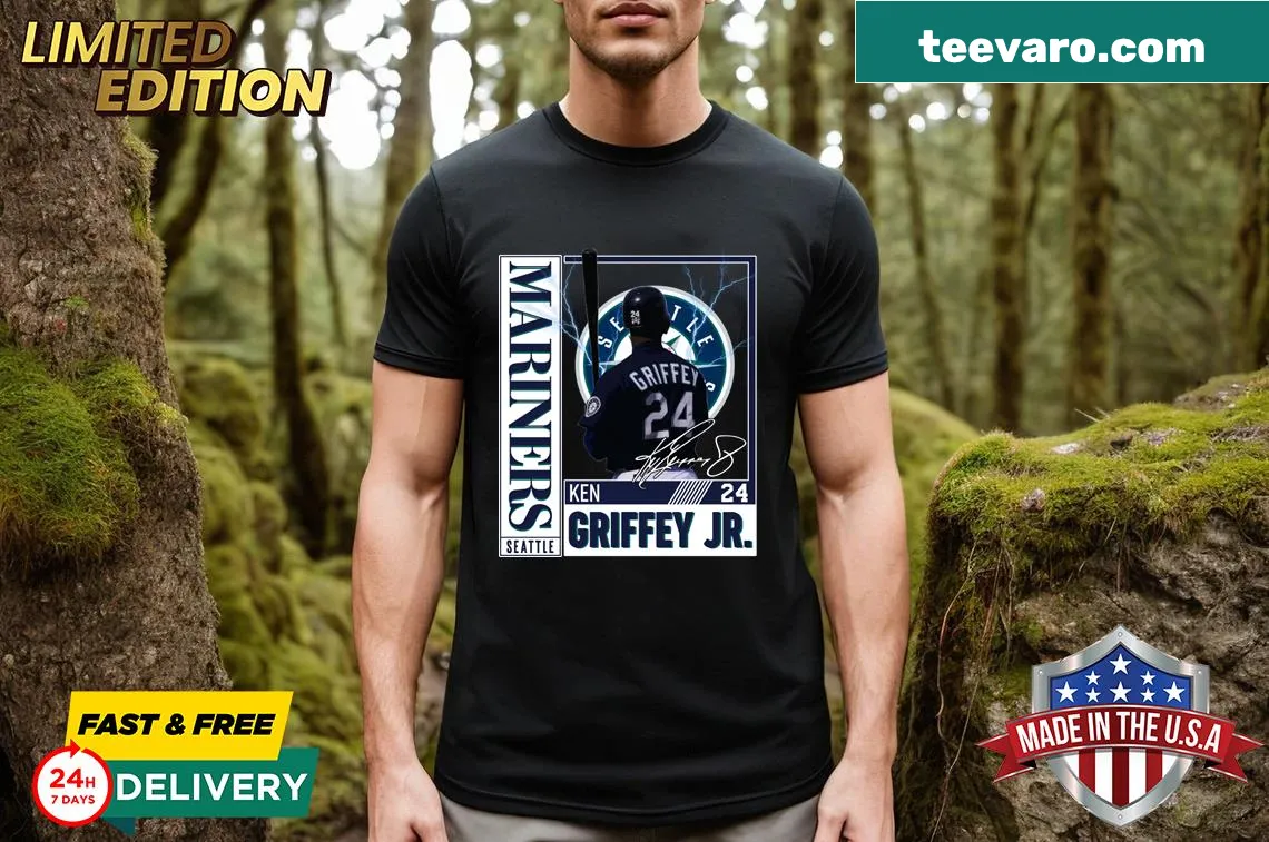 Vintage Ken Griffey Jr illustration with signature on a t-shirt — on a men's t-shirt