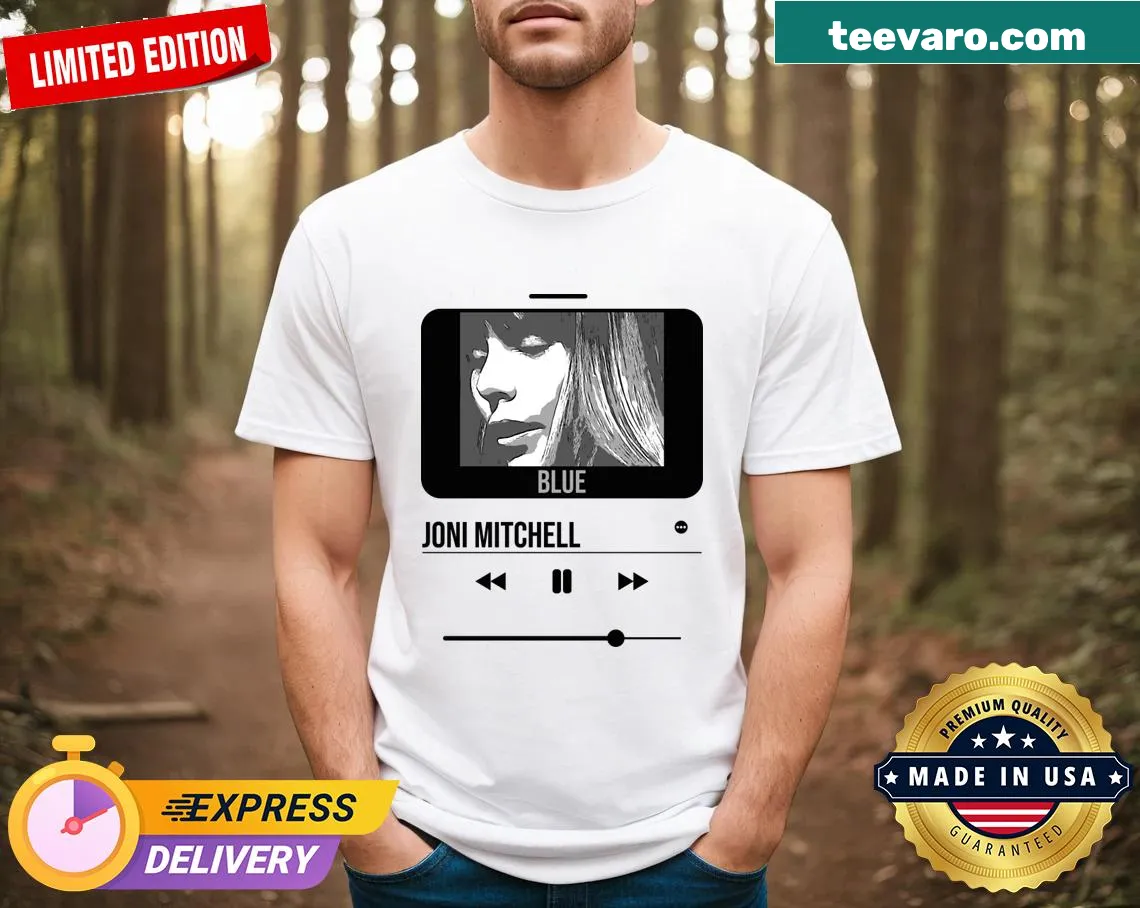 Embroidered T-shirt honoring Joni Mitchell with a music player design. — on a men's t-shirt