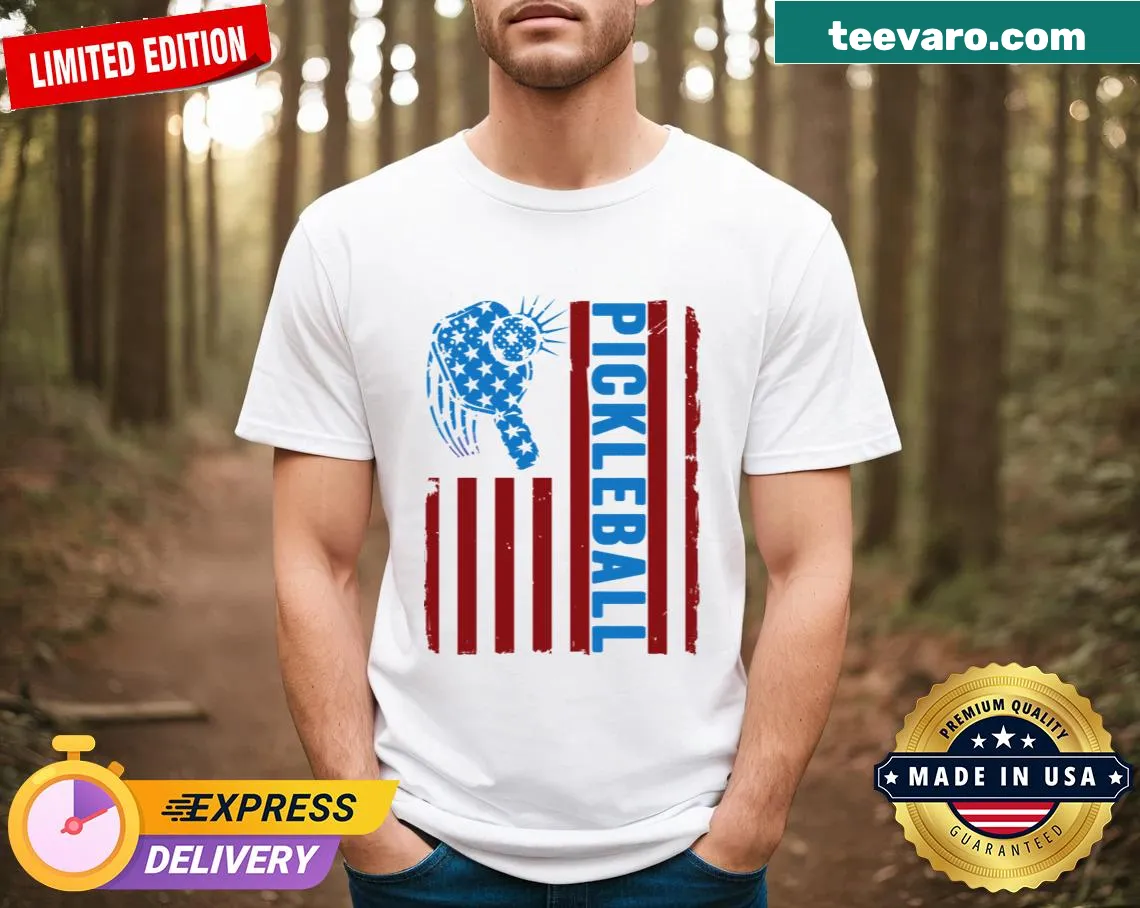 Pickleball paddle with U.S. flag design on a children's t-shirt — on a men's t-shirt