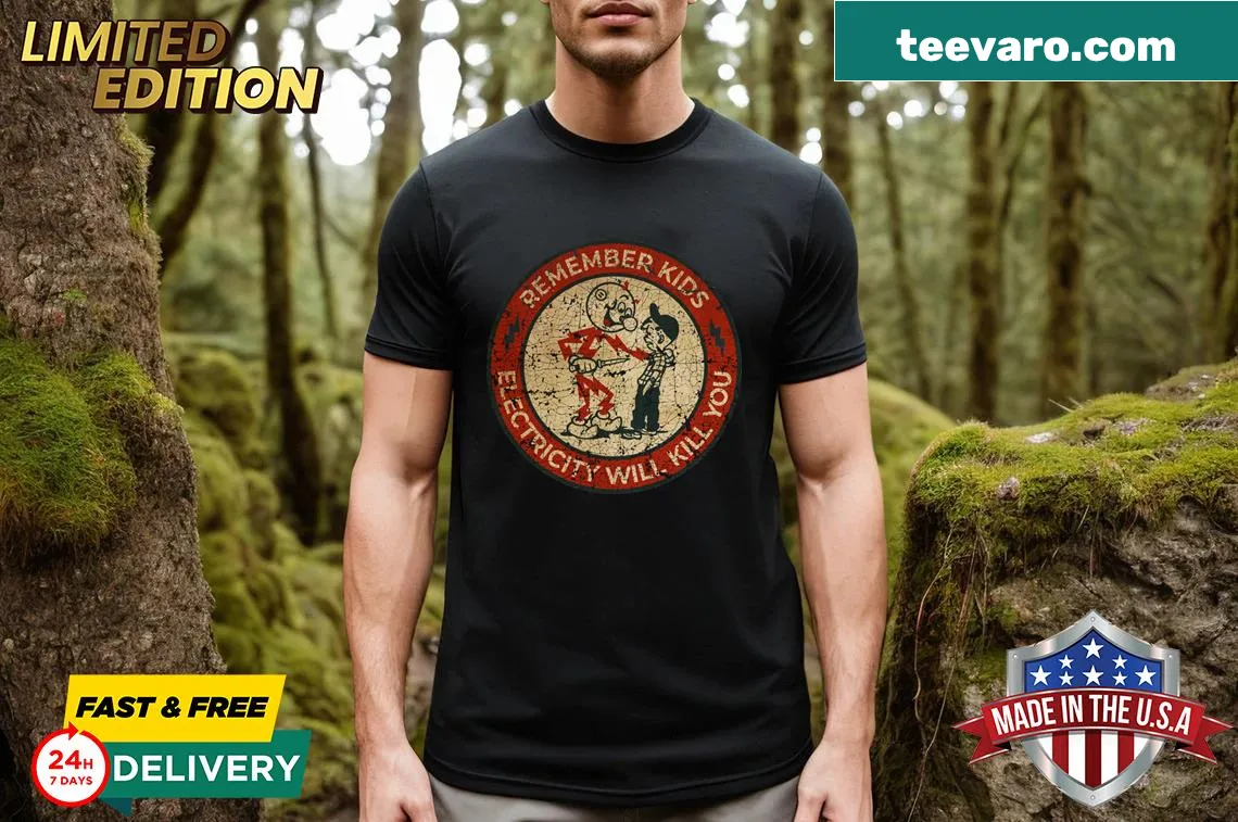 Typography t-shirt with a message about electricity safety. — on a men's t-shirt
