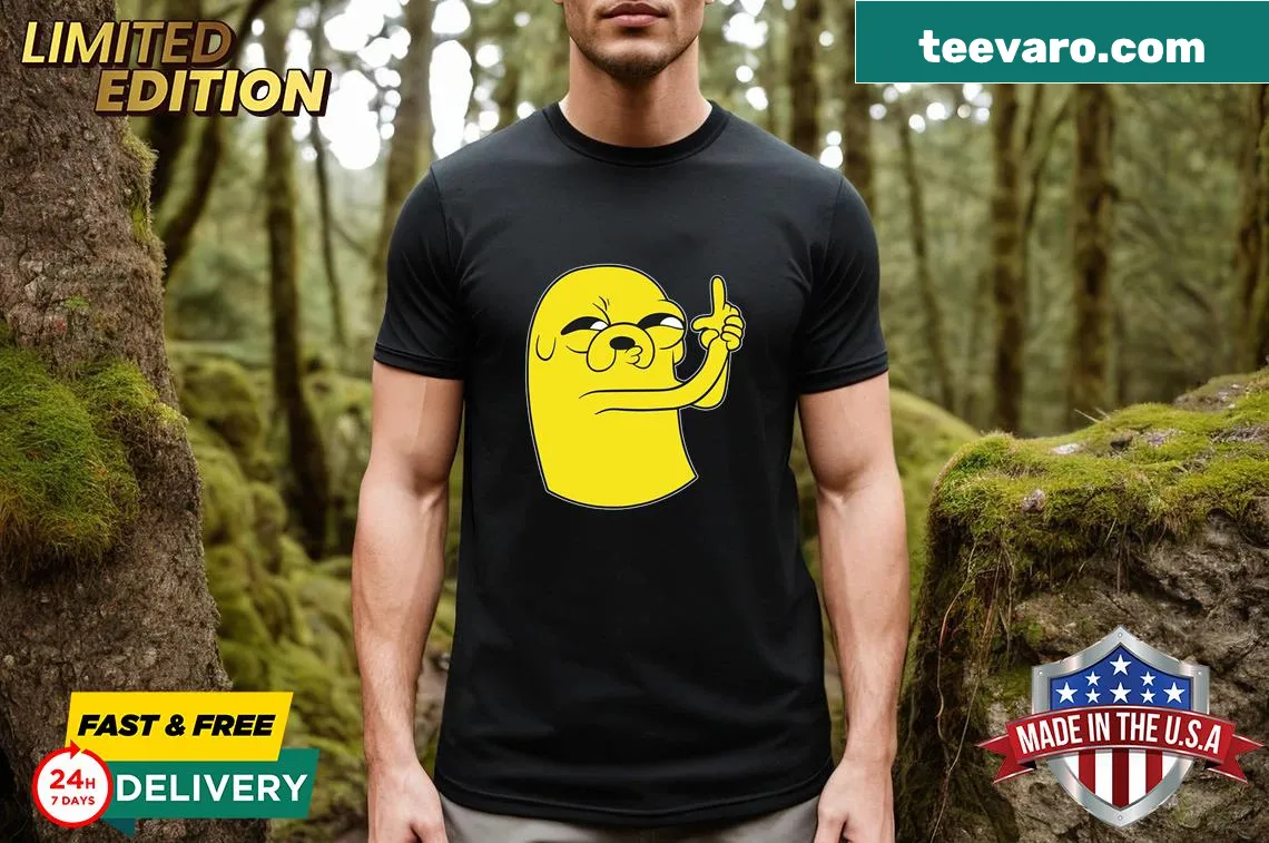 T-shirt featuring cartoon Jake from Adventure Time with finger guns — on a men's t-shirt