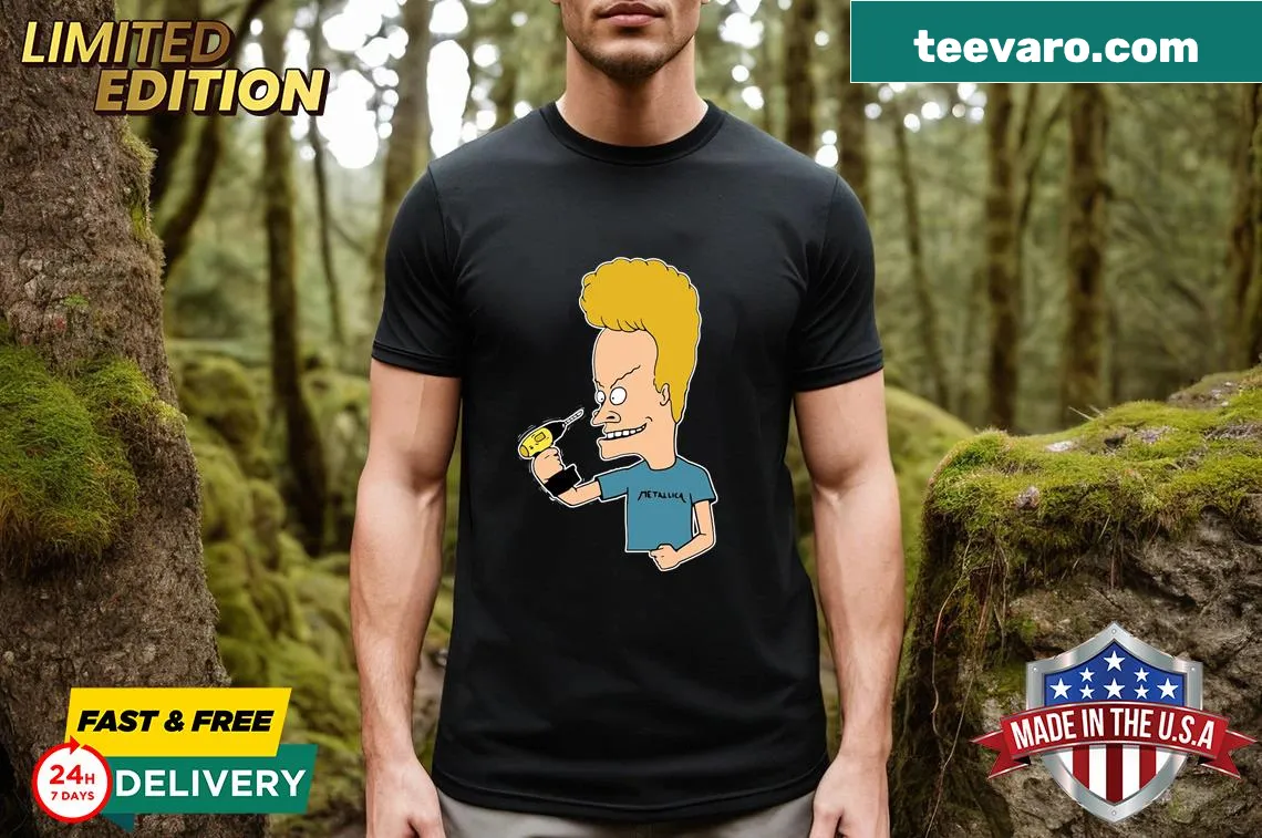 Beavis and Butthead cartoon T-shirt with Beavis and drill comical graphic — on a men's t-shirt