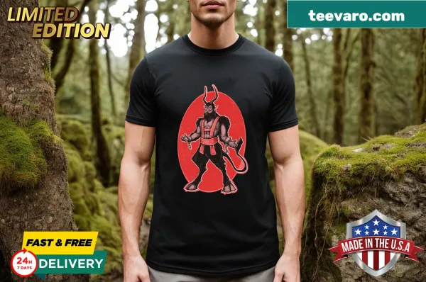 Illustrated Krampus design on a heavy cotton t-shirt.