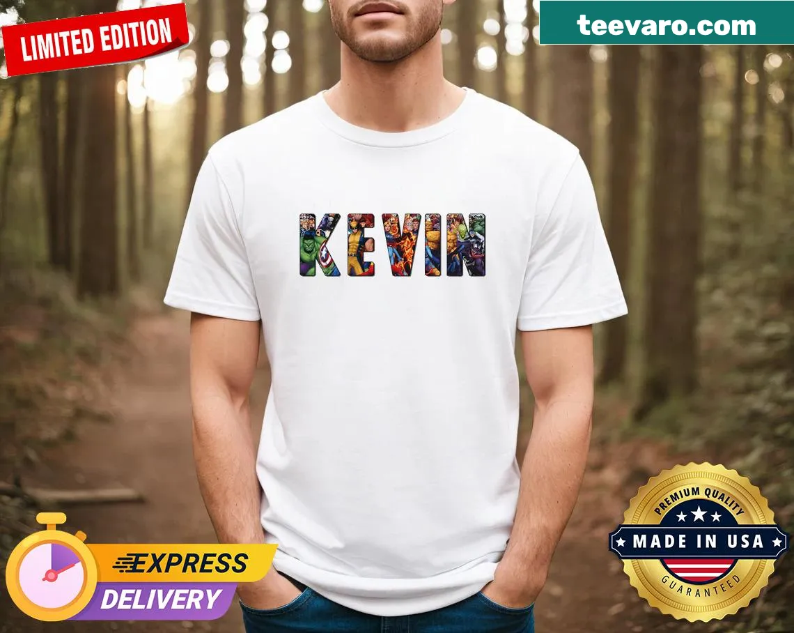 Custom superhero shirt with cartoon portrait and comic book elements — on a men's t-shirt