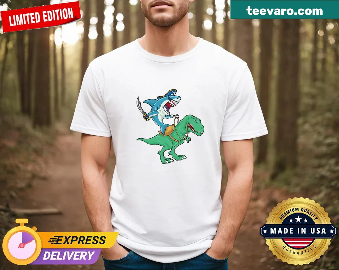 Funny cartoon shirt with pirate shark and dinosaur graphic — on a men's t-shirt