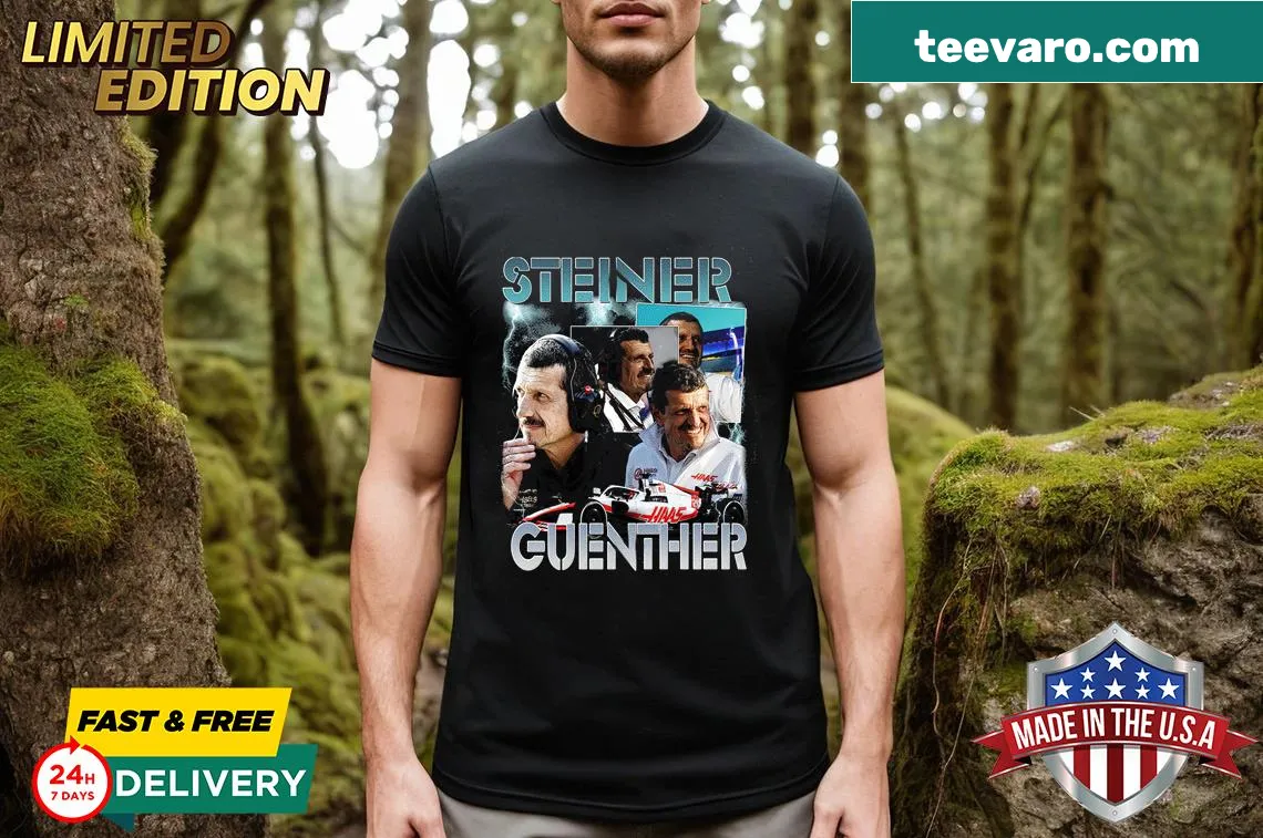 Vintage-style F1 homage t-shirt featuring Guenther Steiner's name and graphics — on a men's t-shirt
