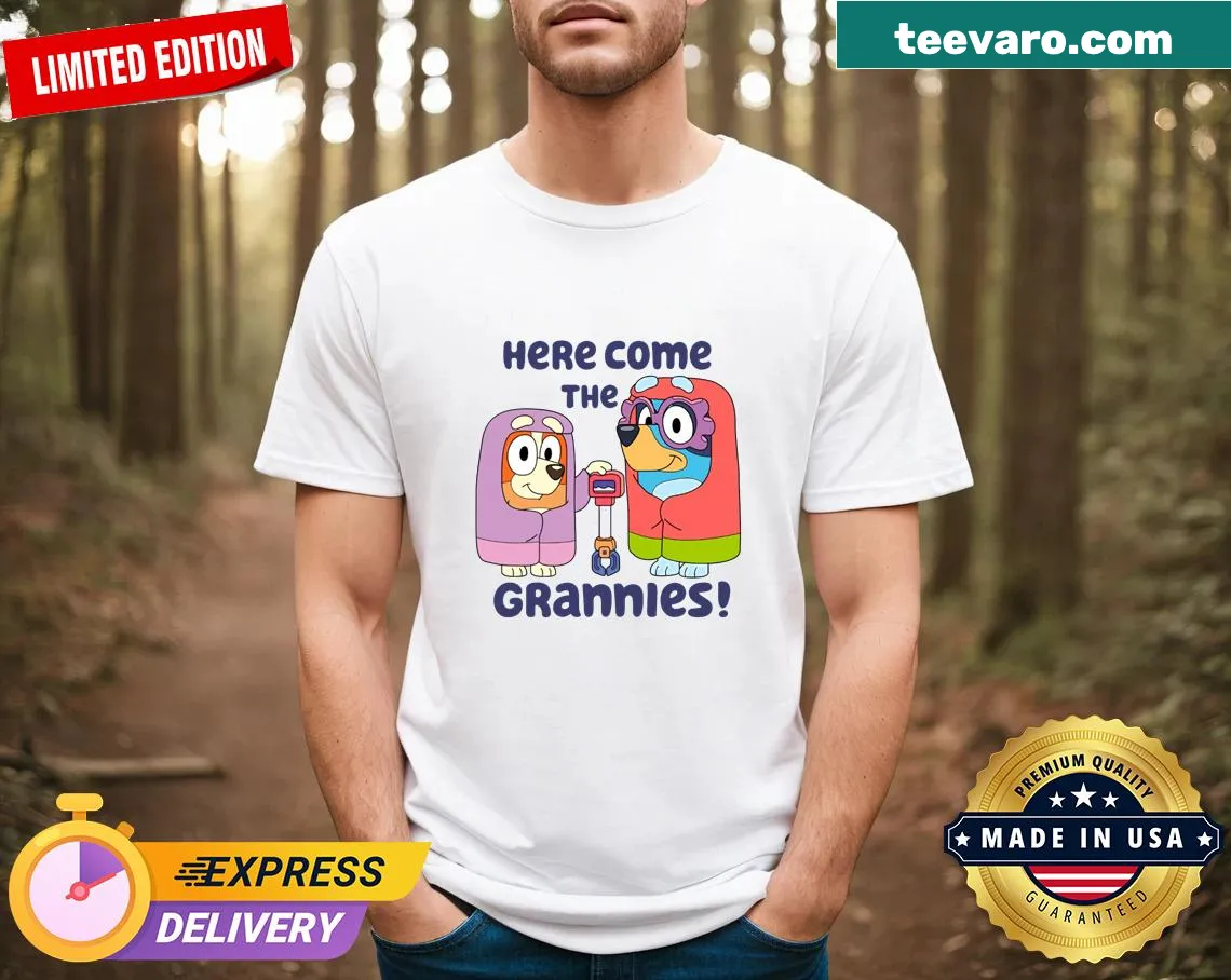 Bluey cartoon t-shirt featuring Janet and Rita with Grannies theme — on a men's t-shirt