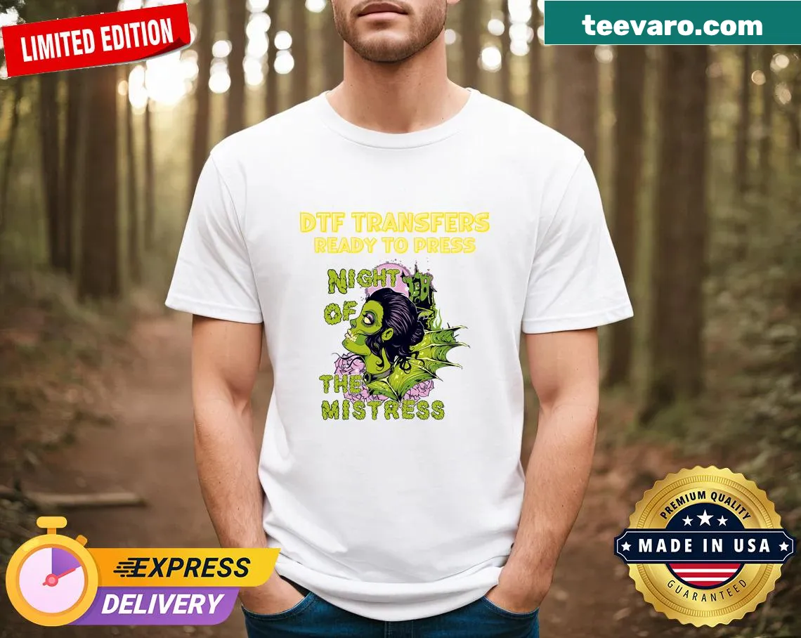 Gothic horror-themed t-shirt with a mistress illustration — on a men's t-shirt