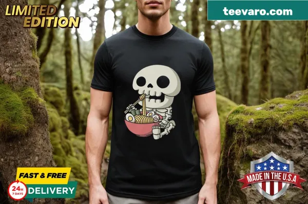 Cute kawaii anime design featuring skeletons and ramen noodles