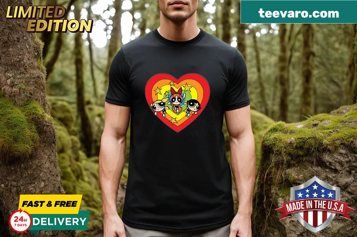 Cute Powerpuff Girls t-shirt with heart graphics — on a men's t-shirt