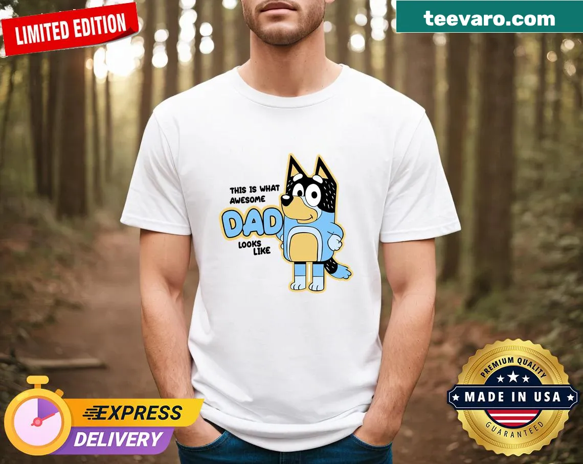 Playful T-shirt for dads with cartoon design saying 'Awesome Dad' — on a men's t-shirt