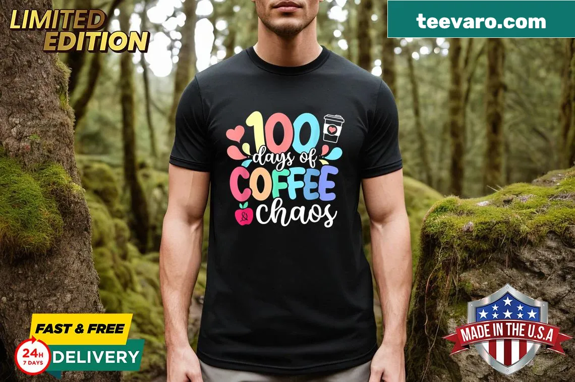 Teacher T-shirt celebrating 100 days of school with a coffee theme. — on a men's t-shirt