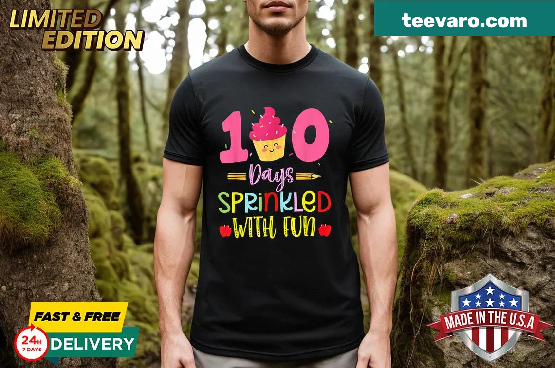 Cute cupcake-themed t-shirt for 100th day of school celebration — on a men's t-shirt