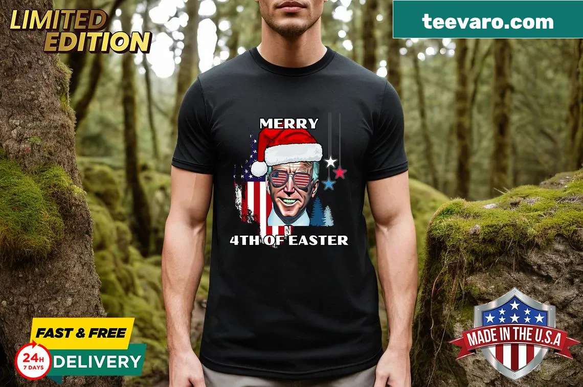 Printed T-shirt with 'Merry 4th Of Easter' design for Fourth of July — on a men's t-shirt