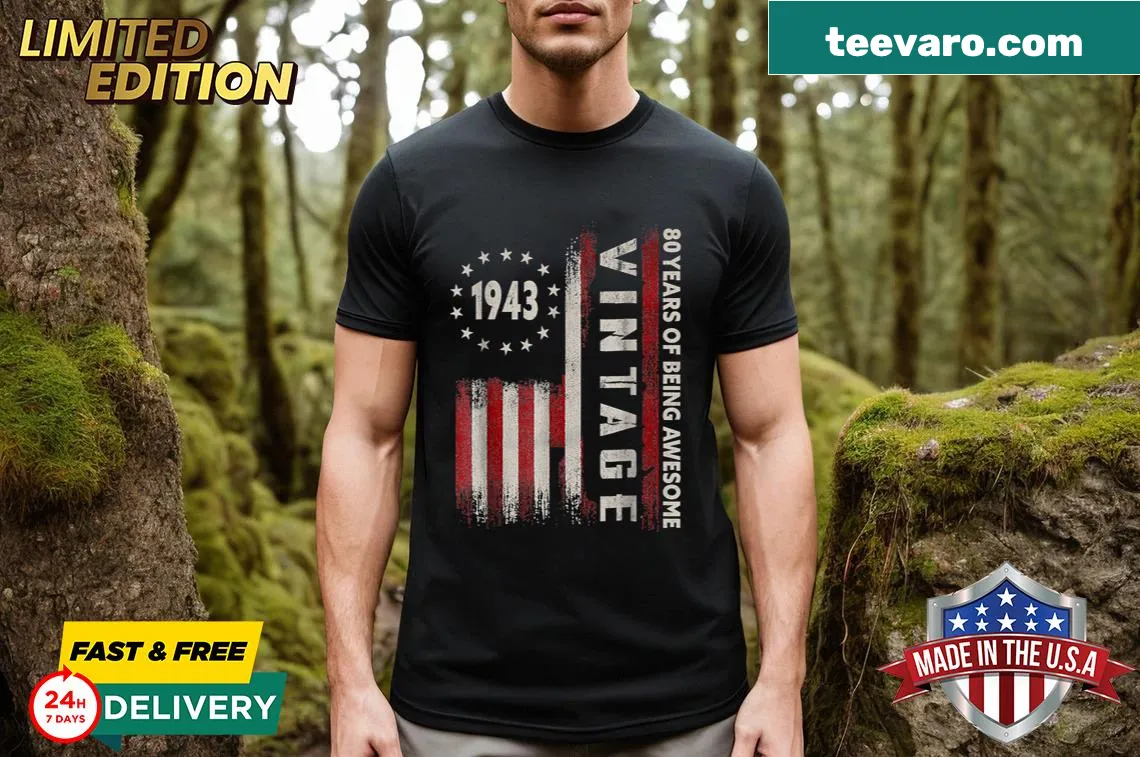 Vintage American flag t-shirt for 80th birthday celebration — on a men's t-shirt