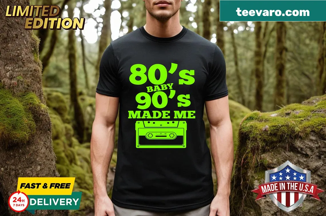 Retro T-shirt with a cassette graphic celebrating the 80s and 90s. — on a men's t-shirt