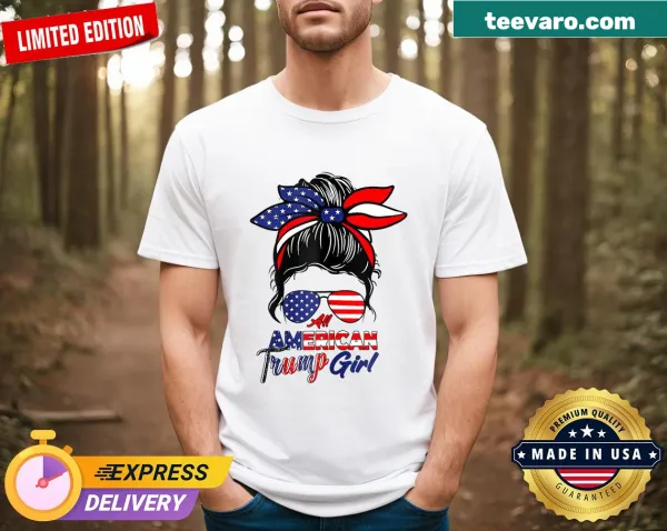Patriotic t-shirt featuring a woman with a messy bun for 4th of July
