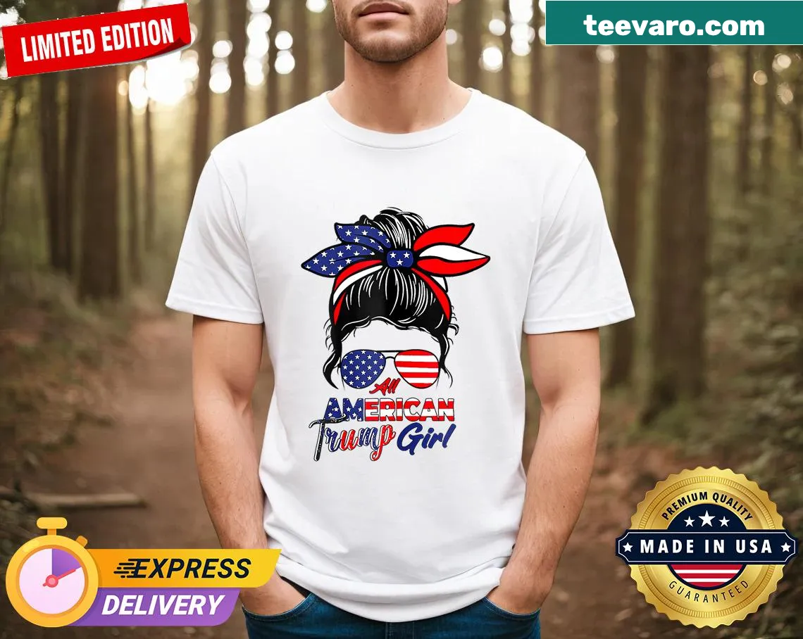 Patriotic t-shirt featuring a woman with a messy bun for 4th of July — on a men's t-shirt