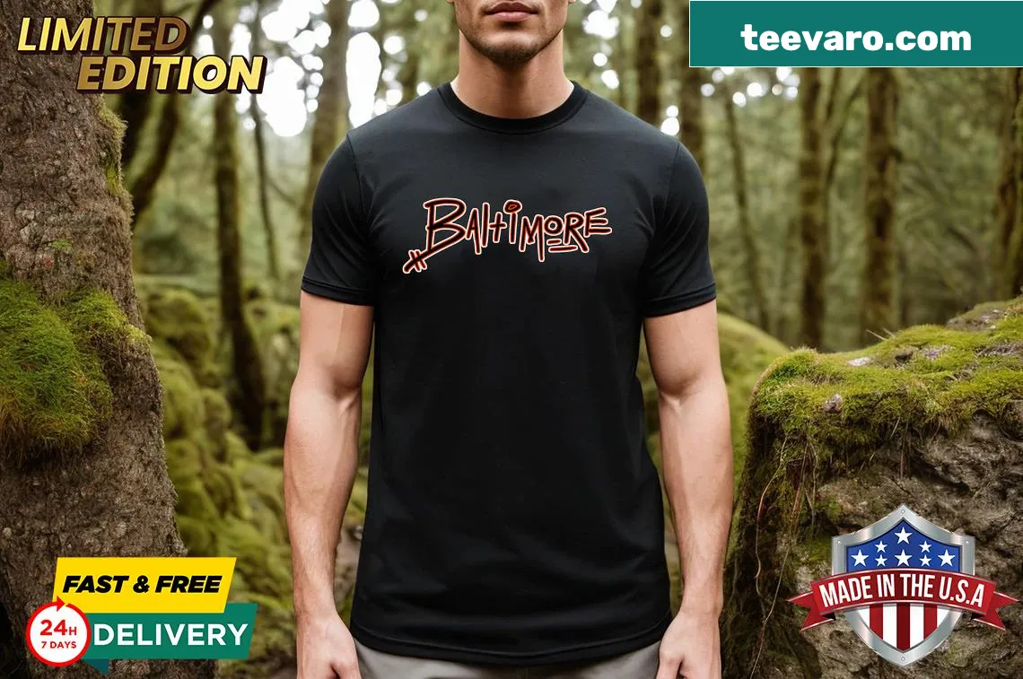 Illustrated Baltimore T-shirt celebrating the city and its baseball heritage. — on a men's t-shirt