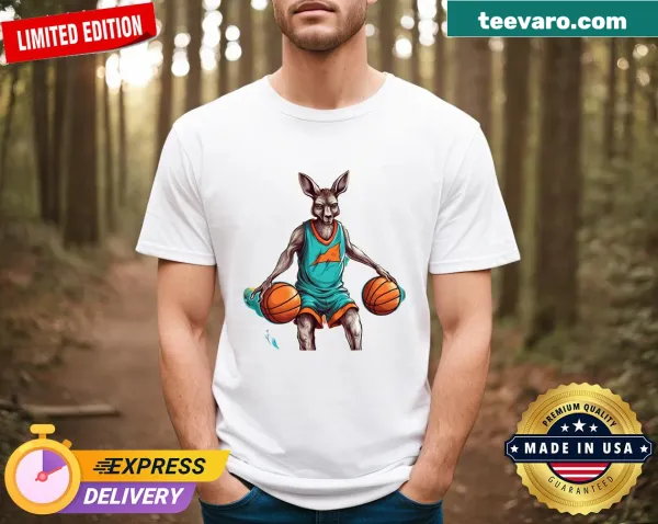 Kangaroo playing basketball graphic on a kids t-shirt
