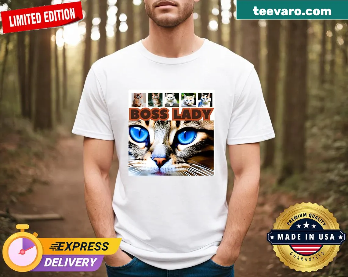 Photographic design of a confident boss lady cat on a t-shirt. — on a men's t-shirt