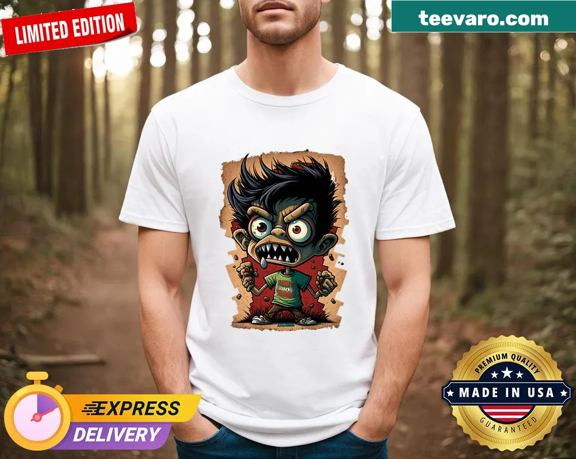 Cartoon monster graphic on a sports-themed T-shirt — on a men's t-shirt