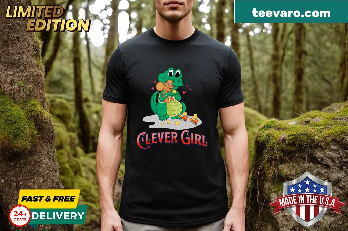 Illustration of a clever raptor on a kids' T-shirt — on a men's t-shirt