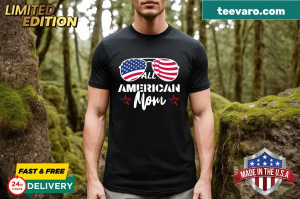 Patriotic t-shirt featuring an American flag design for moms