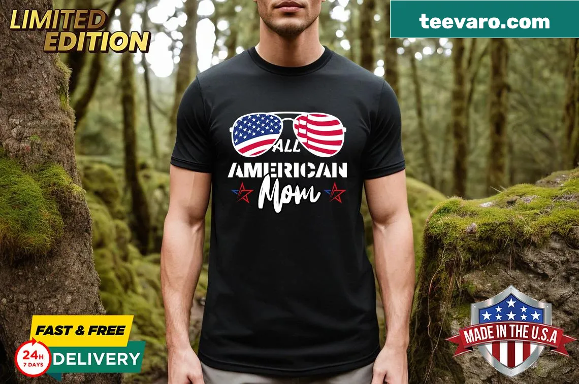Patriotic t-shirt featuring an American flag design for moms — on a men's t-shirt