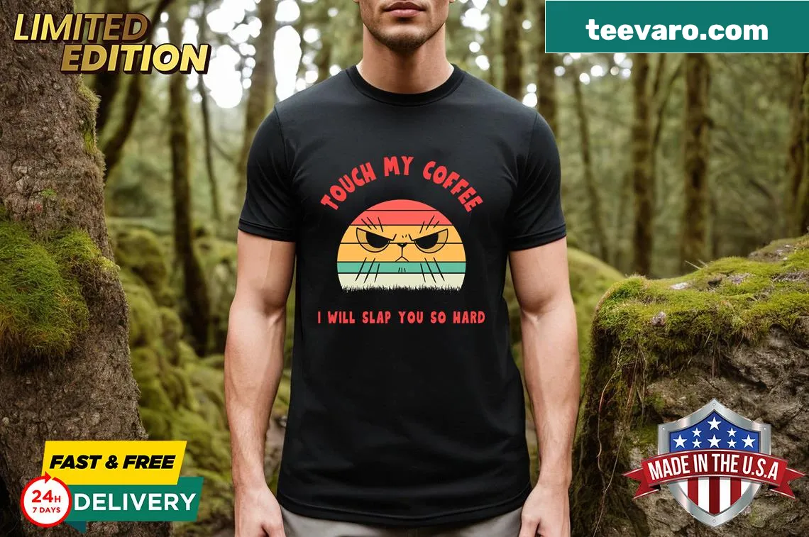 Funny t-shirt featuring coffee and cat graphics for coffee lovers — on a men's t-shirt