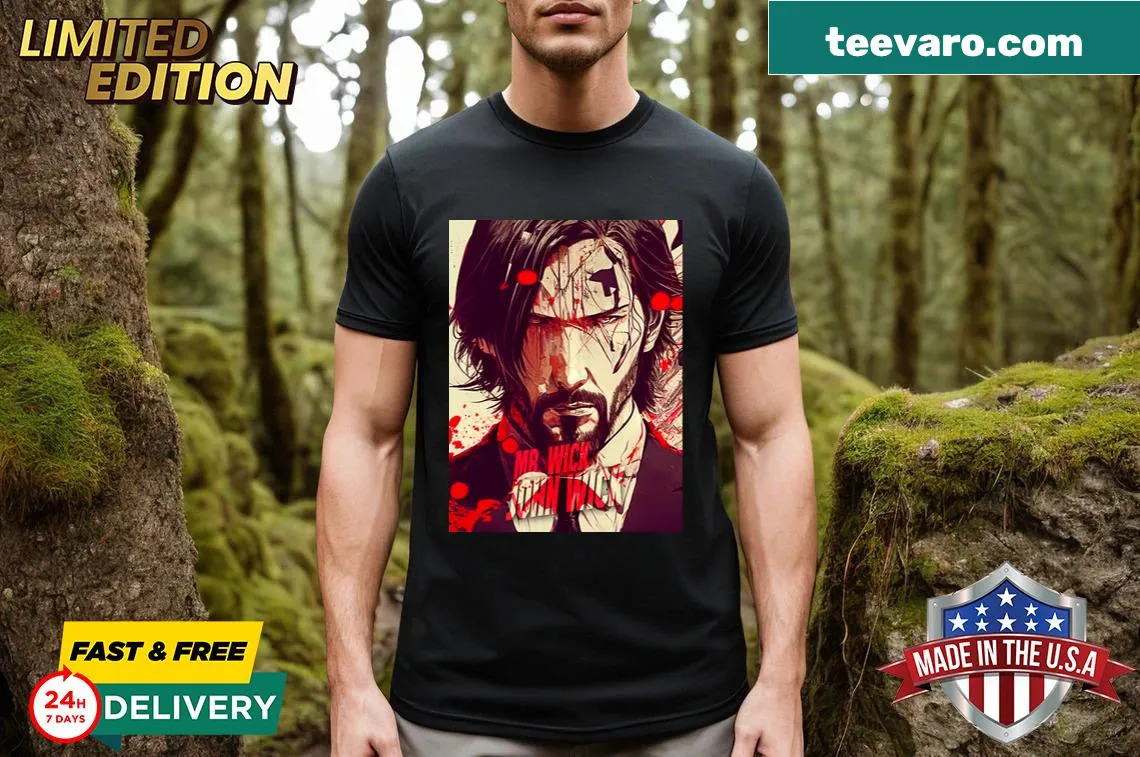 Anime-style T-shirt featuring John Wick fanart — on a men's t-shirt