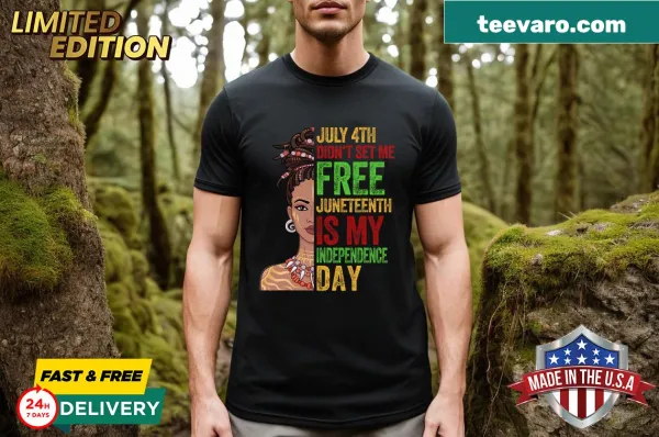 T-shirt with message about Juneteenth and independence featuring bold text