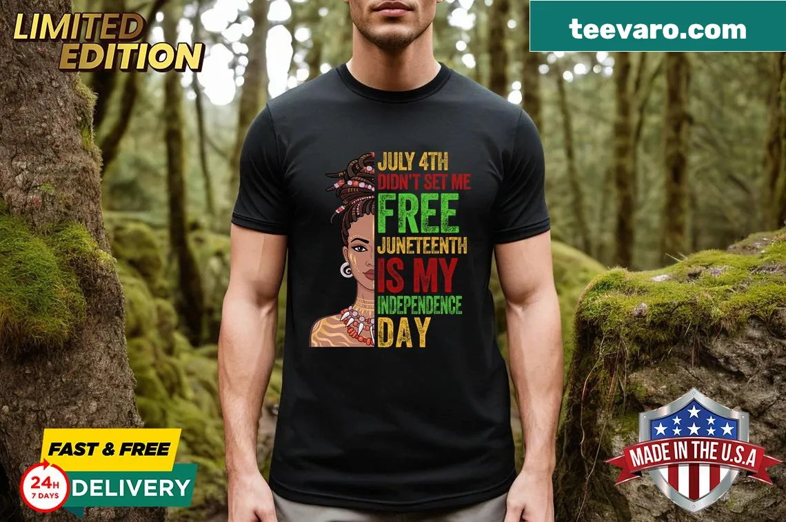T-shirt with message about Juneteenth and independence featuring bold text — on a men's t-shirt