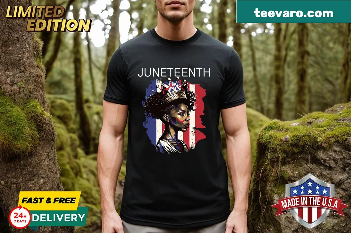 T-shirt featuring African American flag and Juneteenth themes — on a men's t-shirt