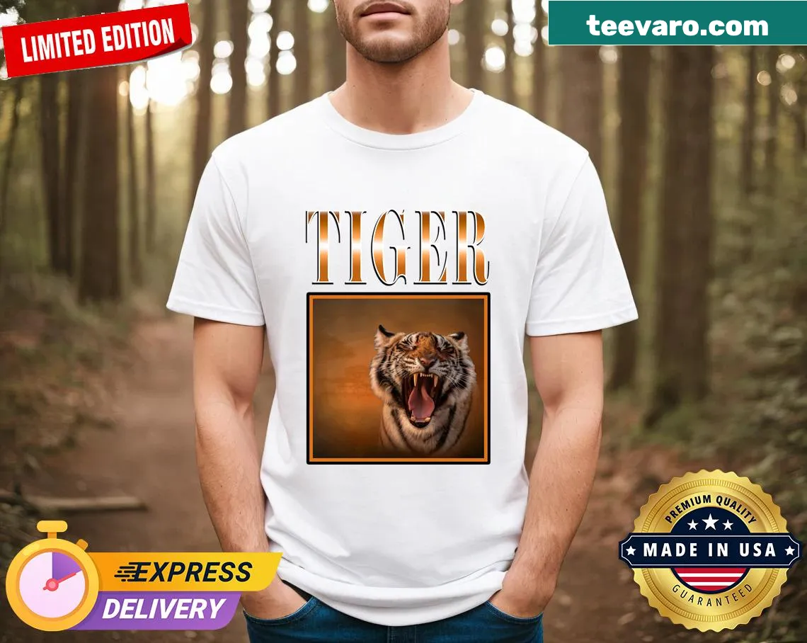 Cute illustrated tiger T-shirt designed for women — on a men's t-shirt