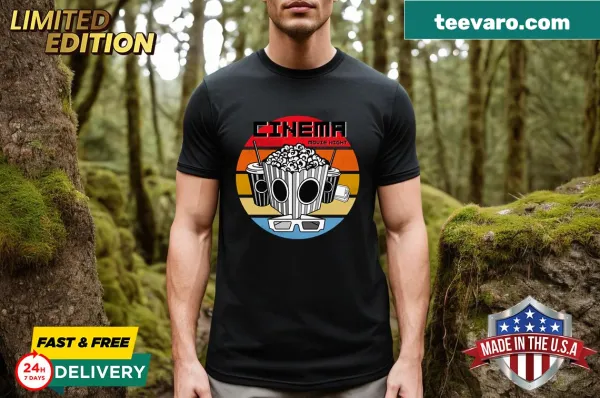 Vintage t-shirt featuring popcorn, drinks, and 3D glasses