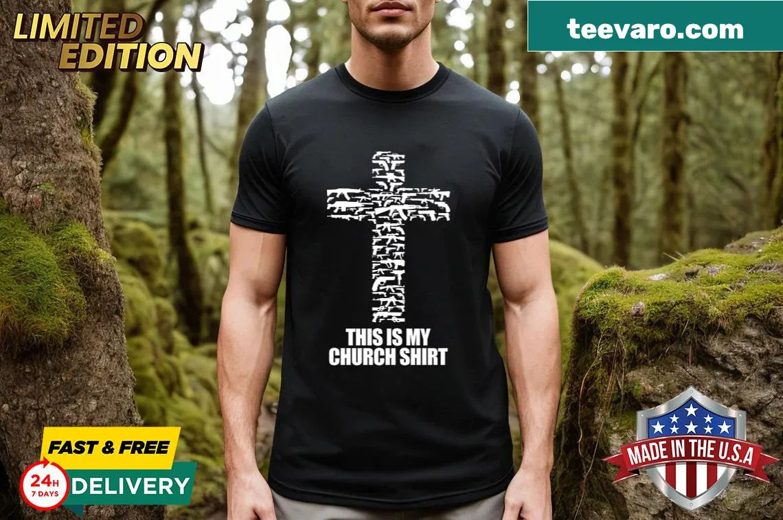 Vintage distressed tee with the text 'This Is My Church' prominently displayed. — on a men's t-shirt