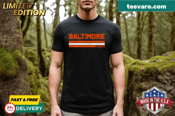Vintage Baltimore-themed T-shirt with retro stripes.