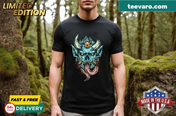 Vintage demon head graphic on a stylish T-shirt.