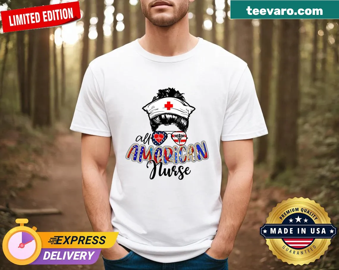 Nurse-themed V-neck t-shirt with USA flag and messy bun illustration — on a men's t-shirt