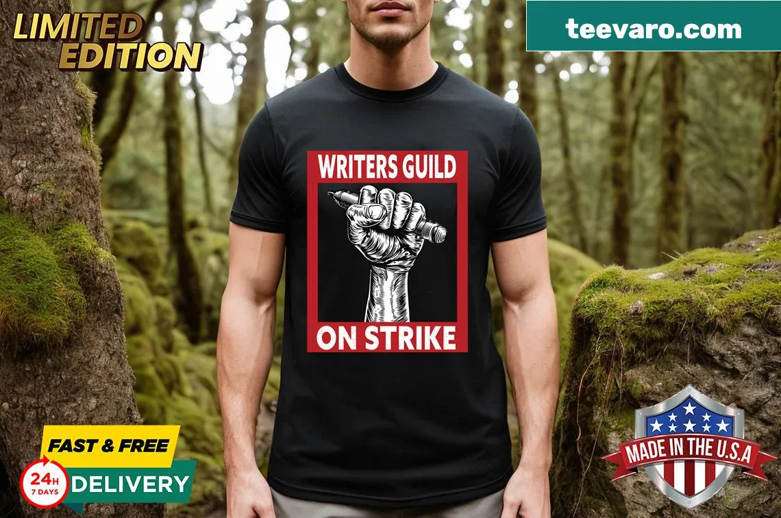 Essential printed t-shirt supporting Writers Guild of America on strike — on a men's t-shirt