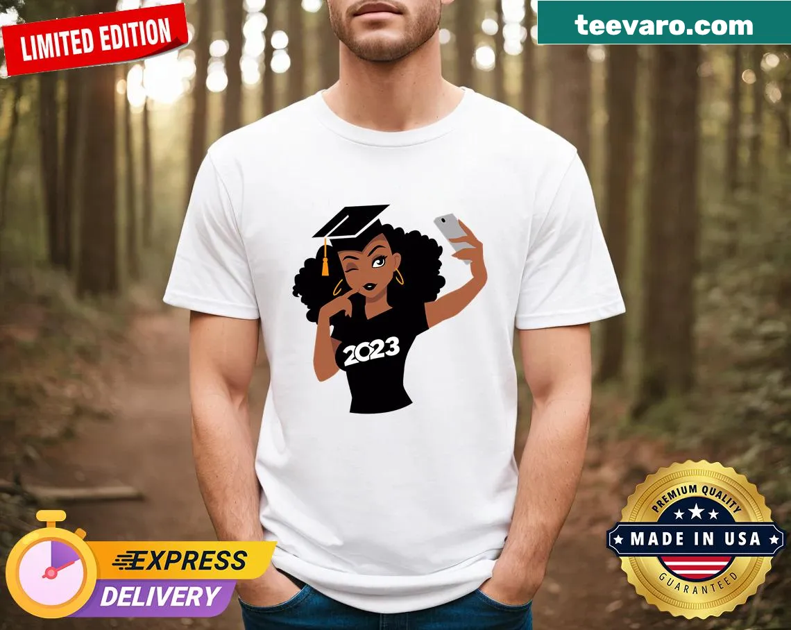 Black girl graduation T-shirt showcasing 2023 design — on a men's t-shirt