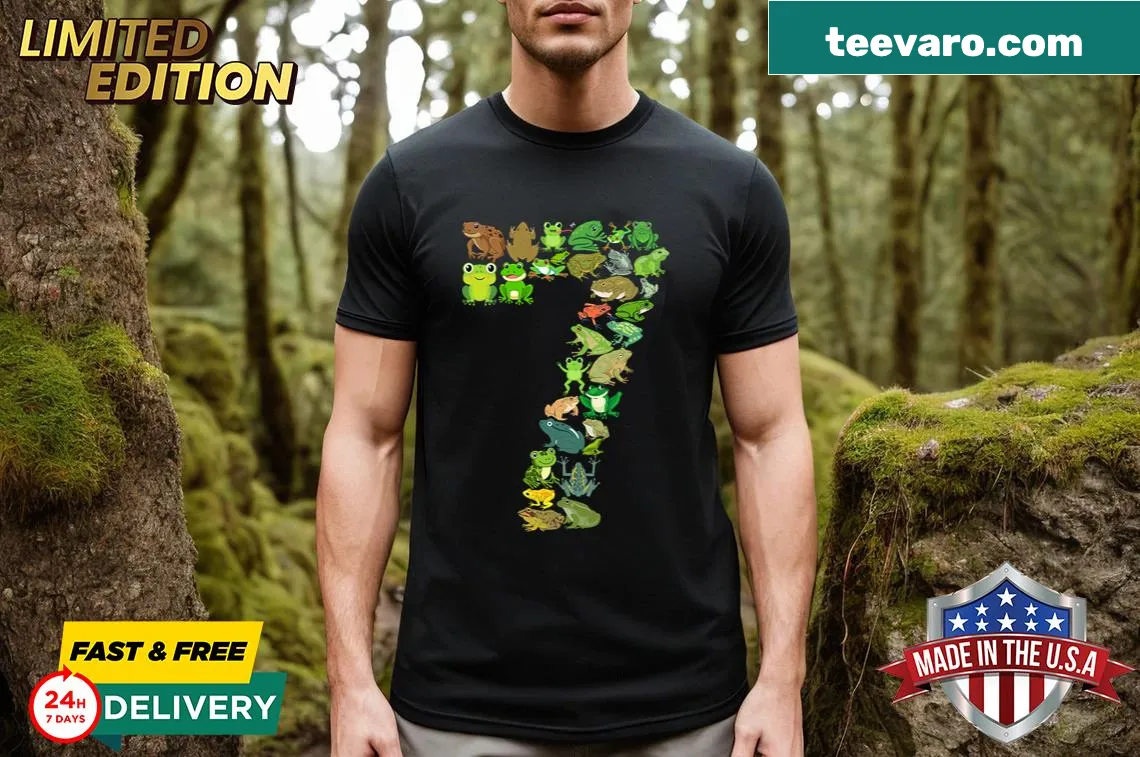 Cute frog-themed T-shirt for 7th birthday celebration — on a men's t-shirt