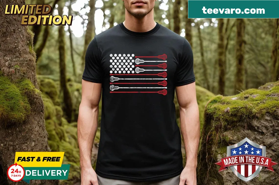 Lacrosse USA T-shirt with flag and sports theme — on a men's t-shirt