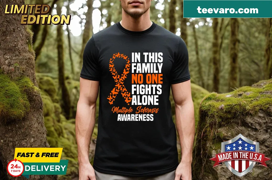 T-shirt with orange ribbon for Multiple Sclerosis awareness — on a men's t-shirt