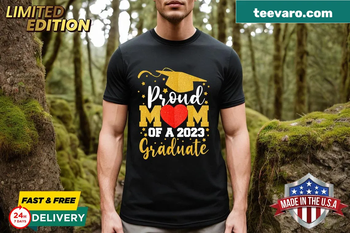 Proud Mom graphic for 2023 graduate on a T-shirt. — on a men's t-shirt